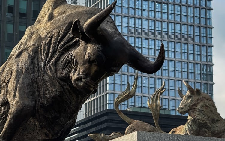 Bull statues in front of the Shenzhen Stock Exchange. Photo: Getty Images