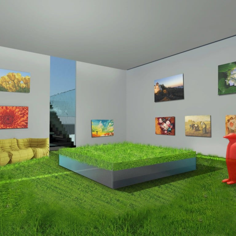 The gallery will have artificial grass flooring for a cosy feel. The conveyor belt system will move paintings around when owners use a customised central smarttech device.