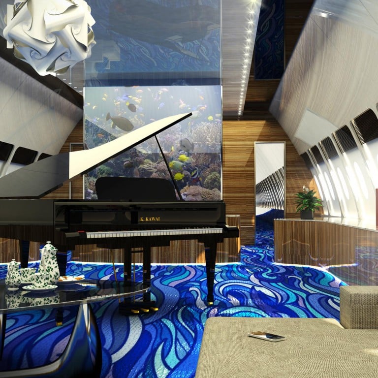 The converted Airbus includes a lounge area with a customised grand piano and tropical aquarium.