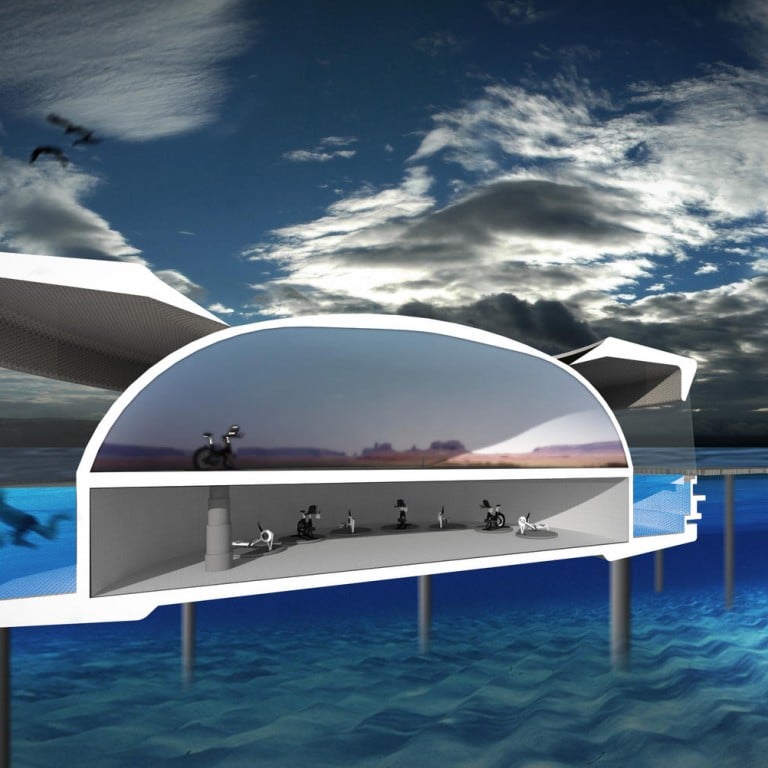 The upper level features a domeshaped screen for virtual reality projection, while the undersea level is designed to accommodate gym equipment and a pool tank. Illustration: Allen Poon