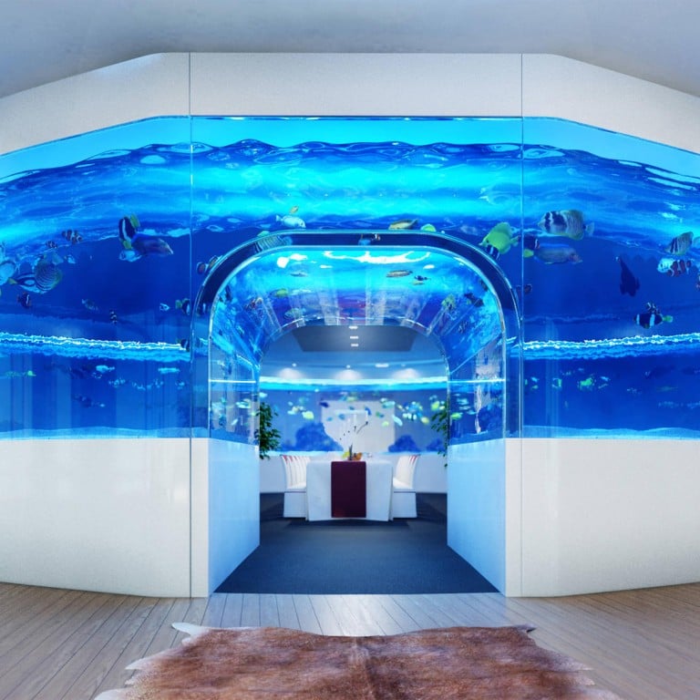 The aquarium is designed with a room inside so the owner can feel like they are surrounded by the ocean. There is enough floor space inside for dinner parties and dancing.