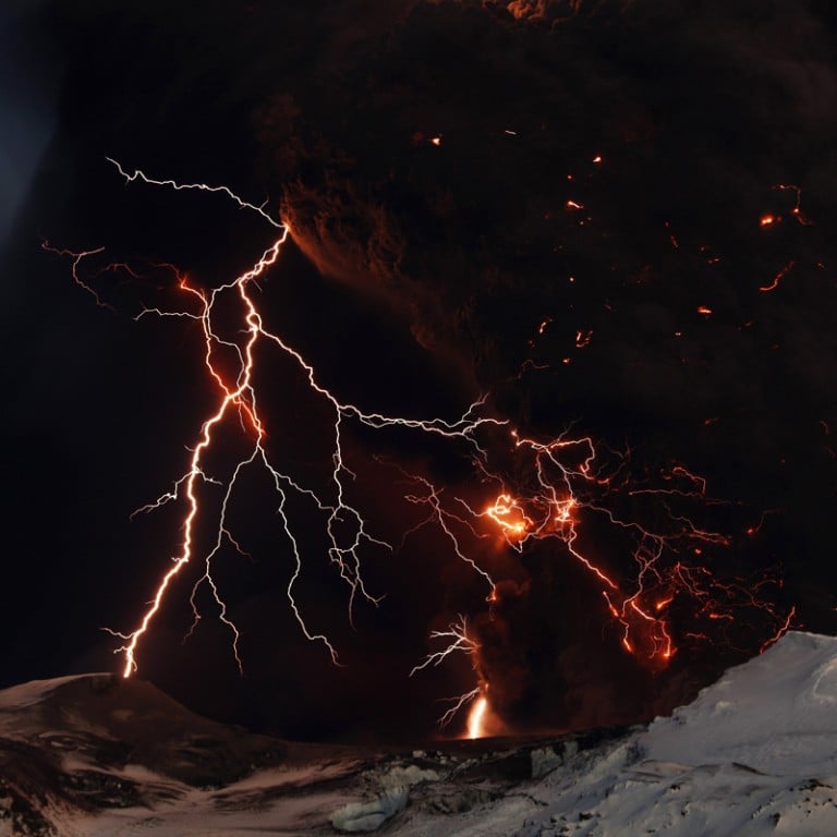 Lightning strikes as lava flows from Icelandic volcano Eyjafjallajökull in 2010. This scene is depicted on the dial of Romain Jerome’s Volcano timepiece. Photo: Reuters