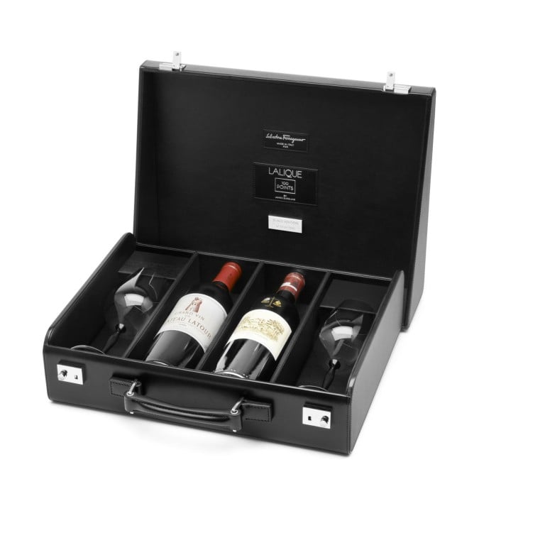 Ferragamo briefcase with Lalique crystal wine glasses