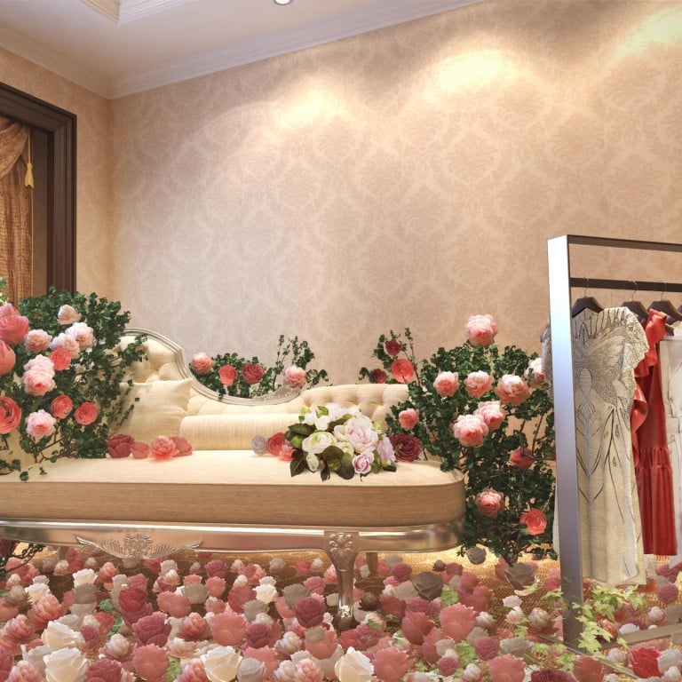 An artist’s impression of the dream suite decorated with flowers and (below) the helicopter which will take the bride-to-be back to the places that have a special meaning for her and her beau. Illustration: Askar Li