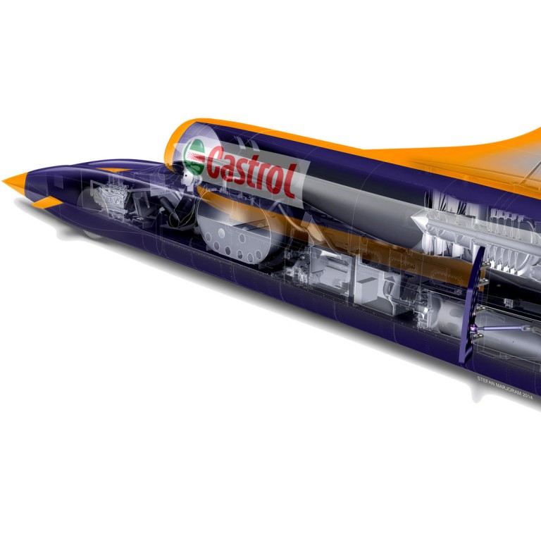 A cross section of the Bloodhound SSC. This ultimate supercar features a hybrid engine, the first time a jet and rocket have been combined.