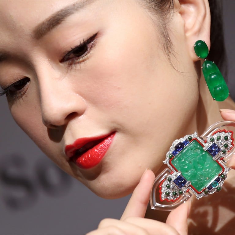 An art-deco jadeite, enamel, gem-set and diamond brooch from Cartier, circa 1927, is shown at a Sotheby's jewels and jadeite autumn sale media preview. Jadeite pieces can fetch high prices. Photo: K. Y. Cheng