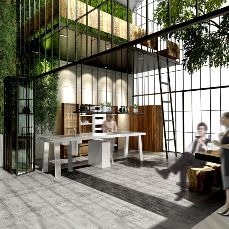 The kitchen features a selfwatering green wall . There are planter boxes for the family to grow their own produce. A topof- the-line Sub- Zero refrigerator keeps produce fresh. The professionalstandard cooking appliances are by Wolf. Illustrations: Philip Liao & Partners