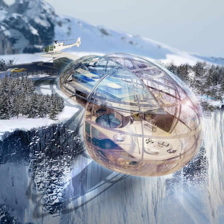 The home spa complex in the Alps features spa facilities on the lower floor and an infinity pool and glass dome on the top floor, with a relaxation lounge in between. Illustration: LTW