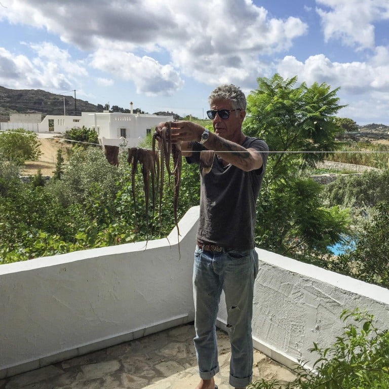 Anthony Bourdain in Greece stringing up fresh octopus Naxian style to dry out before cooking in Parts Unknown. Photos: courtesy of CNN