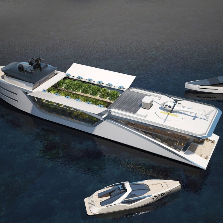 The solar panels, located over the farm, are closed when the superyacht is moving to improve aerodynamic efficiency. They open when the yacht is anchored to let sunlight into the farm. Illustrations: Max Zhivov