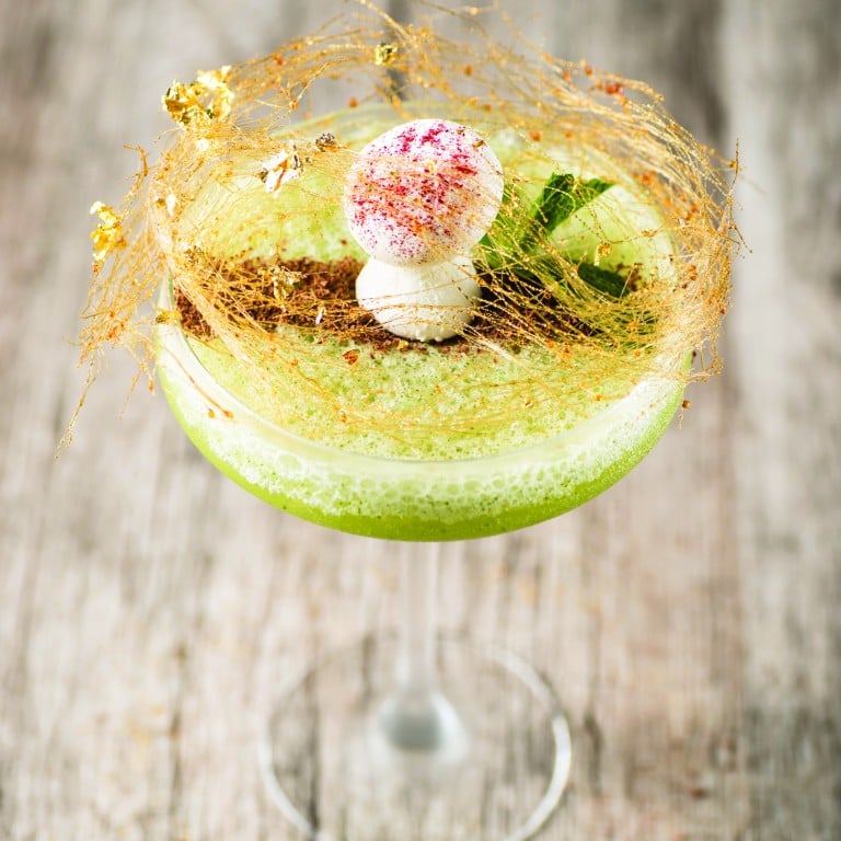 The Alice in Wonderland cocktail at jerry Maguire features stunning spun sugar, gold leaf and a meringue mushroom