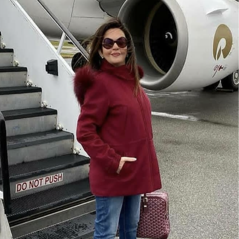 Nita Ambani and the interior of the Boeing Business Jet. Photo: @nitaambaniii/Instagram, Jet Aviation