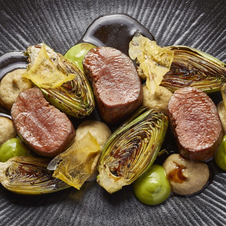 Slow-cooked New Zealand lamb loin with smoked aubergine purée, roasted artichokes and mint salsa verde. Photo: Spiga