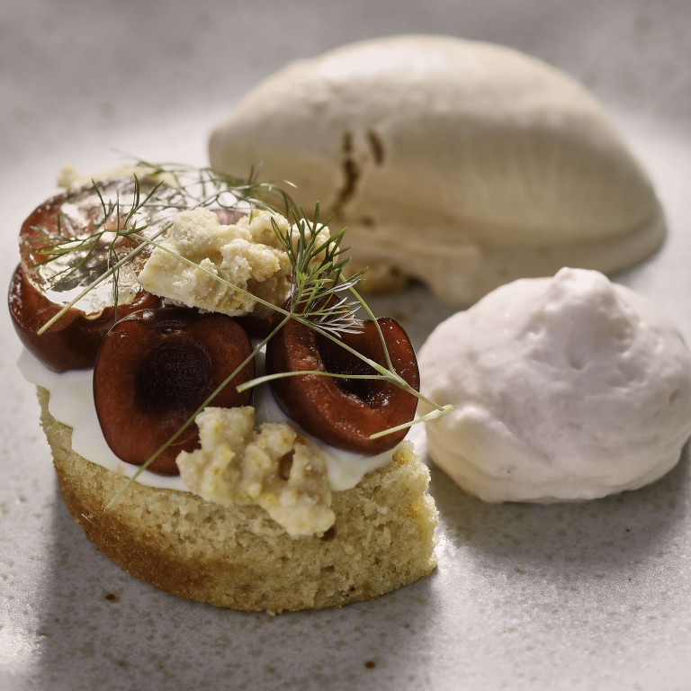 Brown butter and cherry cake with gingerbread ice cream and elderflower gelée at Hue Dining. Photo: handout