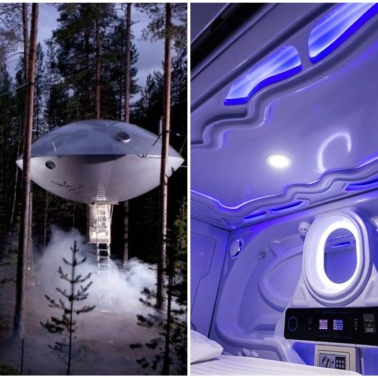 Treehotel in Harads, Sweden; Galaxy Pod Hostel in Reykjavik, Iceland; and Barcelo Sants in Barcelona, Spain: hotels ideal for Earth dwellers with a yearning for space. Photo: Booking.com