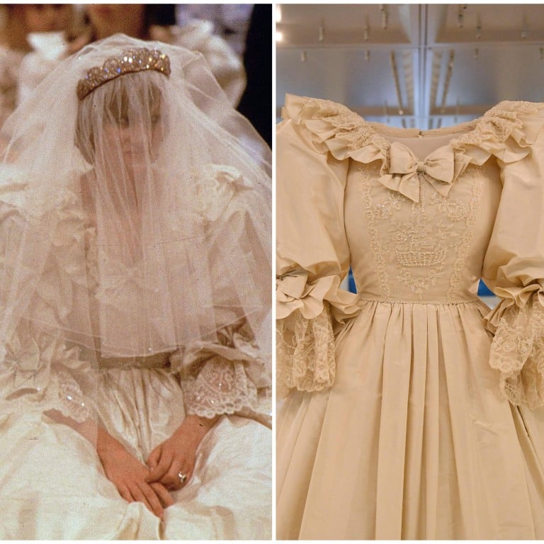 Princess Diana’s wedding dress and the one recreated by The Crown. Photos: AP, AFP