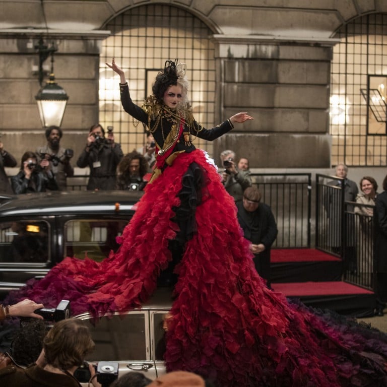 Emma Stone in a scene from Cruella, the costumes for which were designed by Oscar-winning designer Jenny Beavan. Photo: Disney via AP