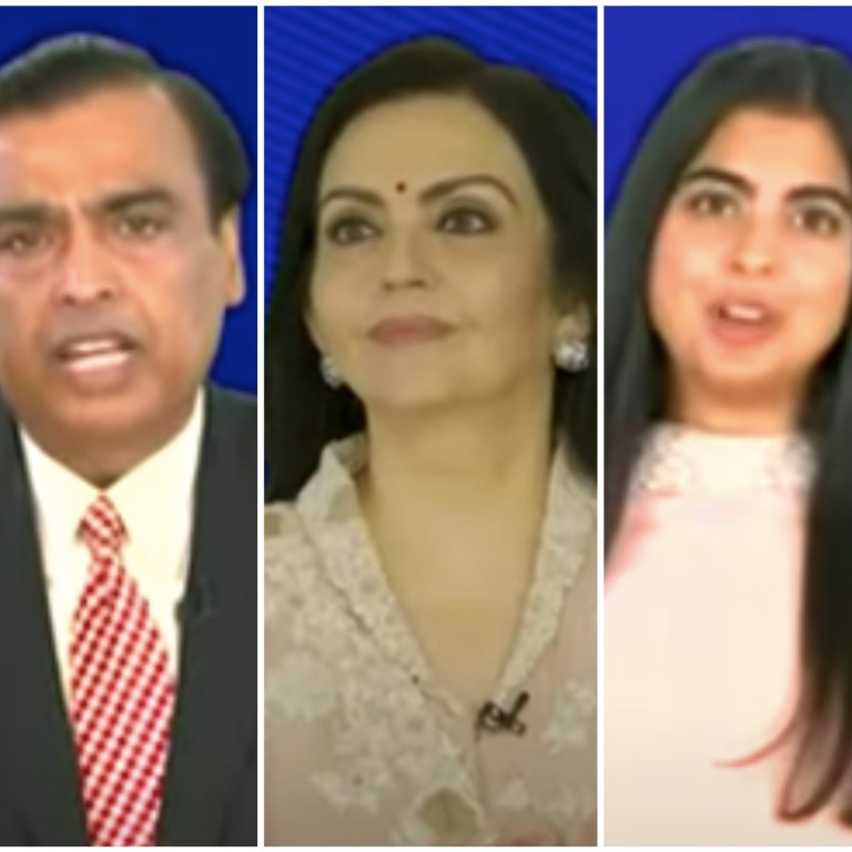 From left: Shloka Mehta, Mukesh Ambani, his wife Nita and their daughter Isha all appeared at the Reliance Industries AGM. Photos: YouTube
