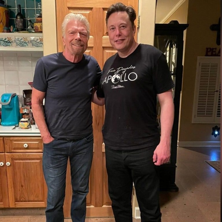 An unlikely friendship? Richard Branson and Elon Musk buddy up before the former takes off into outer space. Photo: @richardbranson/Twitter