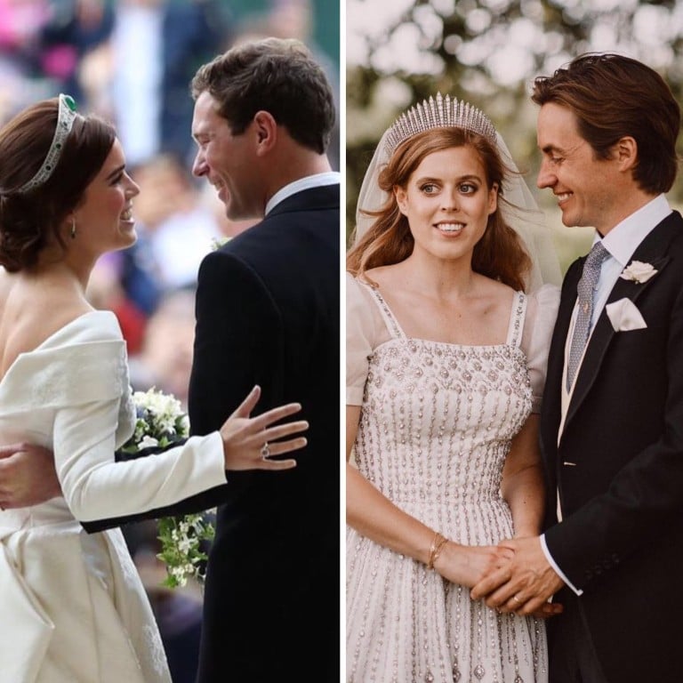 From left, Zara Phillips and Mike Tindall, Princess Eugenie and Jack Brooksbank, and Princess Beatrice and Edoardo Mapelli Mozzi. Photos: EPA, @princesseugenie; @edomapellimozzi/Instagram