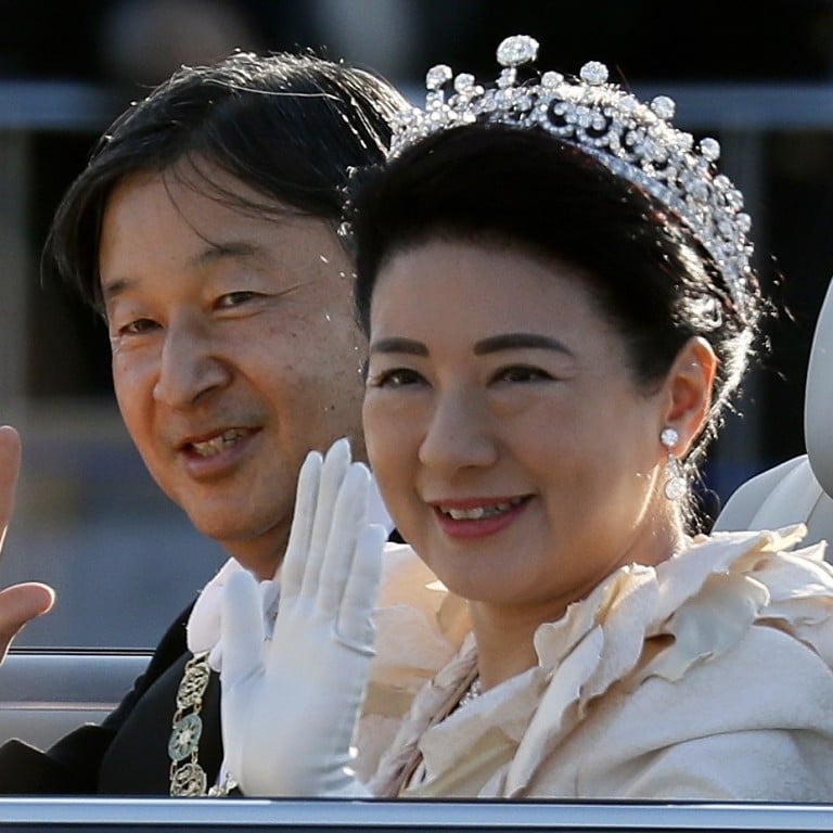 Japan’s Empress Masako and husband Emperor Naruhito wave to well-wishers after his official accession to the Chrysanthemum throne in late 2019, but her usual look is more understated and dominated by pearls. Photo: EPA-EFE