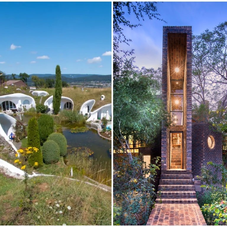 Stunning buildings that blend into their natural surroundings: Earth House Estate Lättenstrasse and Mirage Gstaad in Switzerland, and The House of the Big Arch in South Africa. Photos: Earth House Estate Lättenstrasse, Frankie Pappas, @surrrsurrr/Instagram