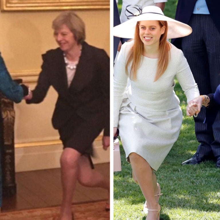 The British royal website suggests curtsying upon meeting the queen, but Theresa May, Princess Beatrice and Eugenie, and Margaret Thatcher are far from experts at it. Photos: @iamamoum/Twitter, Getty Images, PA Images via Getty Images