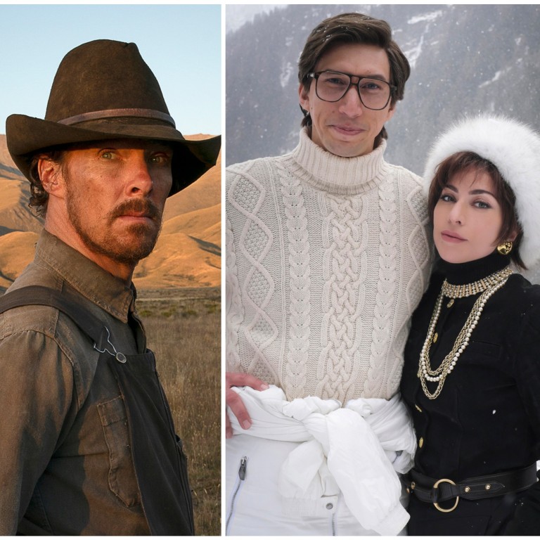 Oscar contenders? Benedict Cumberbatch in The Power of the Dog, Adam Driver and Lady Gaga in House of Gucci, and Kristen Stewart in Spencer. Photos: Handouts