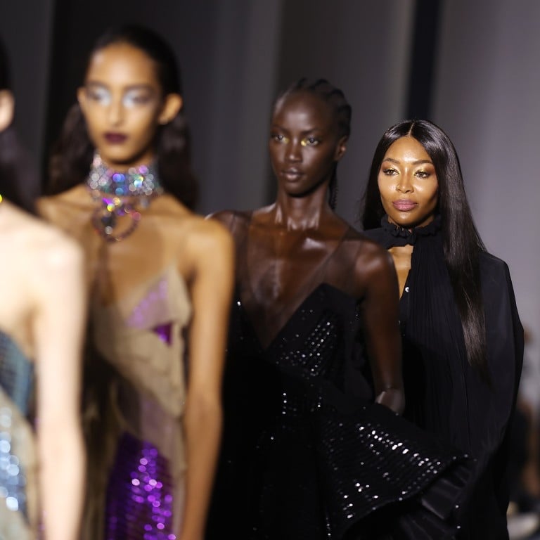 British model Naomi Campbell and others present creations from the spring/summer 2022 ready-to-wear collection by designer Bruno Sialelli for Lanvin fashion house during Paris Fashion Week, in Paris, France, on October 3. Photo: EPA-EFE