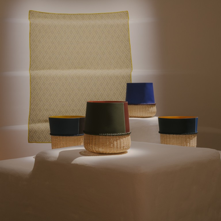 Hermès’ Chromatic leather and wicker baskets, from the latest homeware collection. Photo: Hermes/Maxime Verret