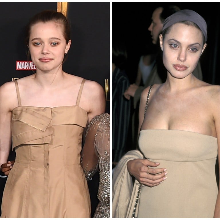 Shiloh in 2021, Angelina in 1998. Photos: Getty, AFP