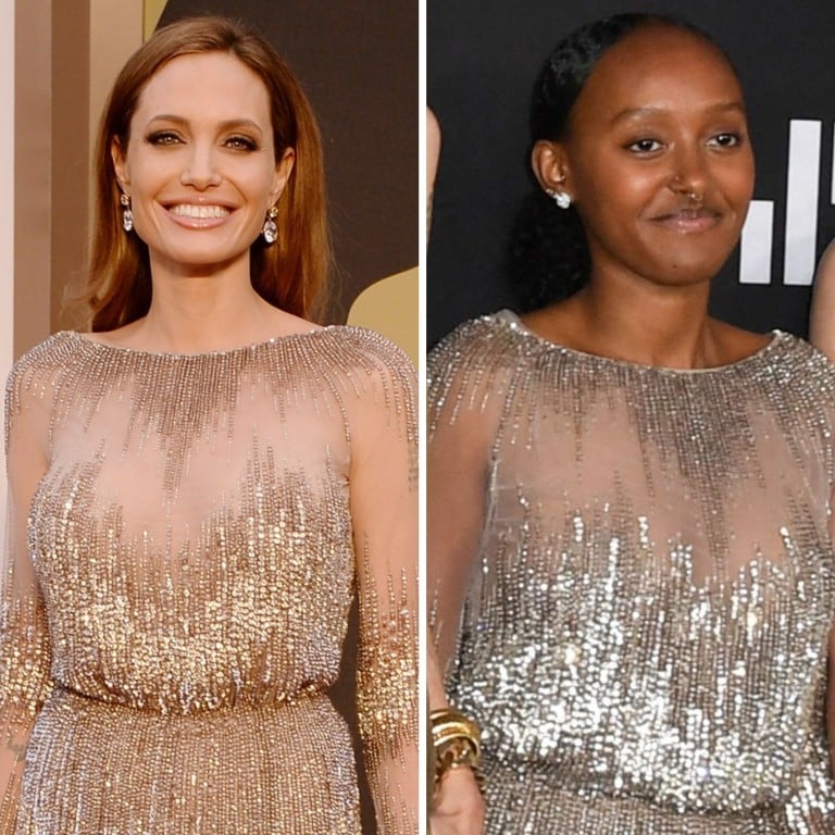 Zahara Jolie-Pitt wore mum Angelina Jolie’s Elie Saab dress at the Eternals’ Los Angeles premiere, while Yolanda and Gigi Hadid were photographed in the same Naked Cashmere outfit in 2019 – but who wore it better? Photos: Getty Images, AFP