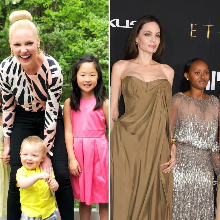 Katherine Heigl, Angelina Jolie and Madonna all adopted kids. Photos: @katherineheigl/Instagram, AFP, AP