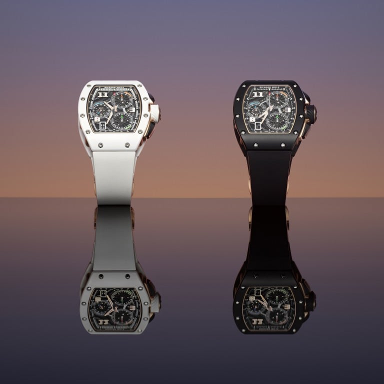 Black and white ceramic Richard Mille 72-01 Lifestyle In-House Chronograph watches, containing the brand’s first chronograph movement. Photos: Richard Mille