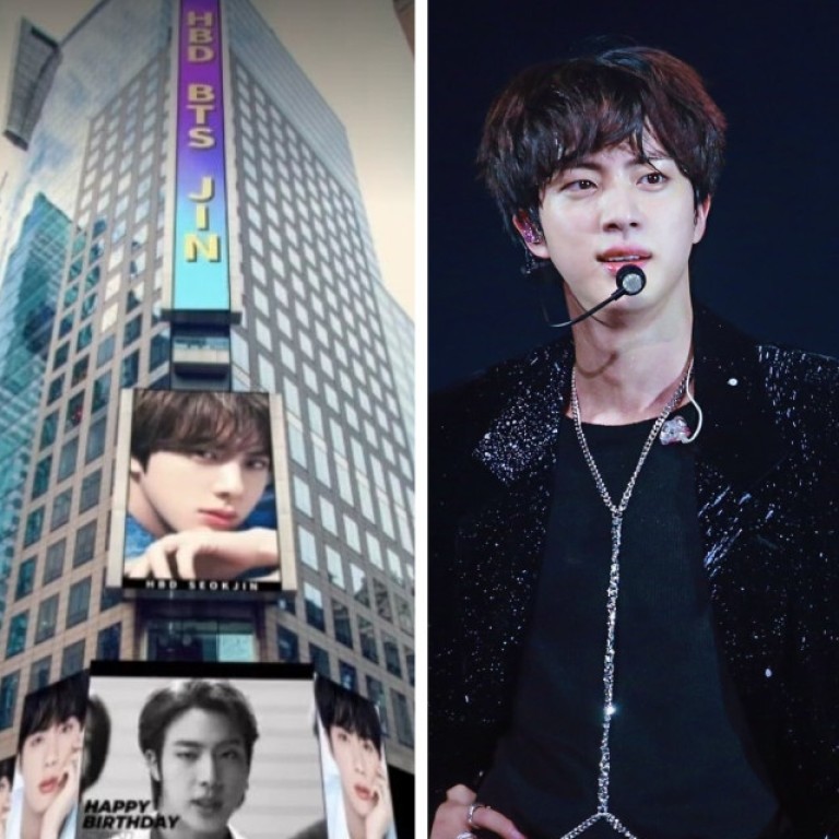 Fans love to shower BTS’ Jin with unique birthday gifts, such as billboards in NYC’s Times Square and a life-size RJ doll from BT21. Photos: @tangJINjaemx, @reirjka, @lajinbonana/Twitter