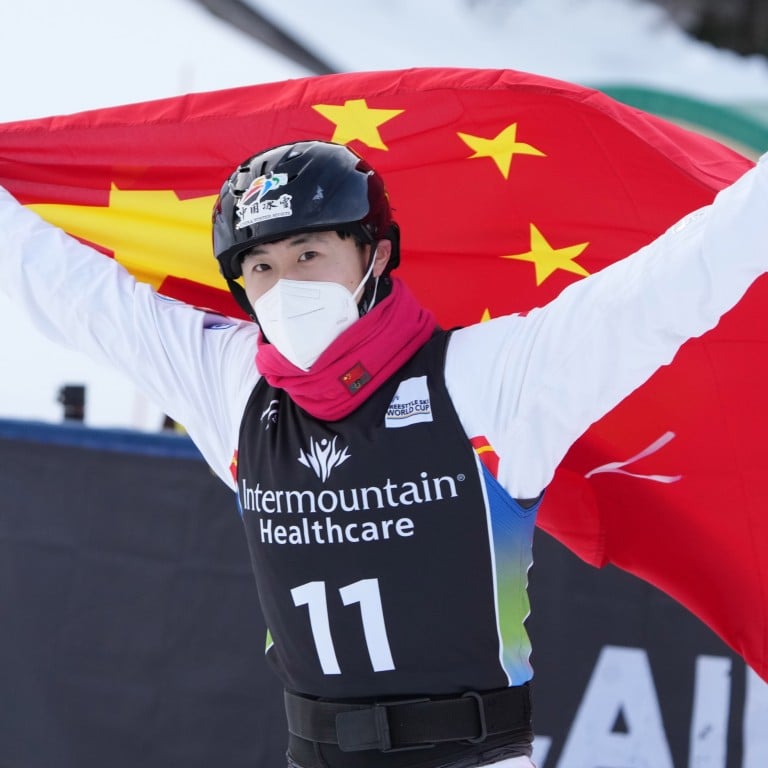 Xindi Wang from China celebrates his first place finish in the men’s aerials at the FIS Freestyle Ski World Cup in Deer Valley, Utah. Photo: EPA