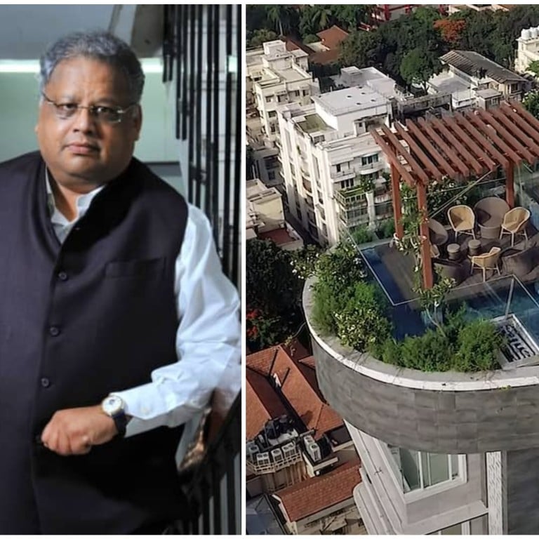 Rakesh Jhunjhunwala and a view of his near-finished, 14-storey mansion conversion in South Mumbai’s Malabar Hills. @rakeshjhunjhunwala_/Instagram, YouTube