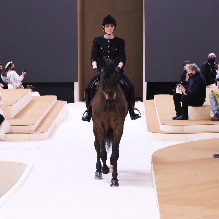 Charlotte Casiraghi, Grace Kelly’s granddaughter, stole the show on an actual racing horse at Chanel’s spring/summer 2022 haute couture show during Paris Fashion Week in Paris, France, on January 25. Photo: Xinhua