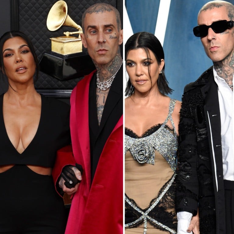 Kourtney Kardashian and Travis Barker know how to coordinate their outfits perfectly. Photos: @kourtneykardash/Instagram, EPA-EFE, Invision/AP