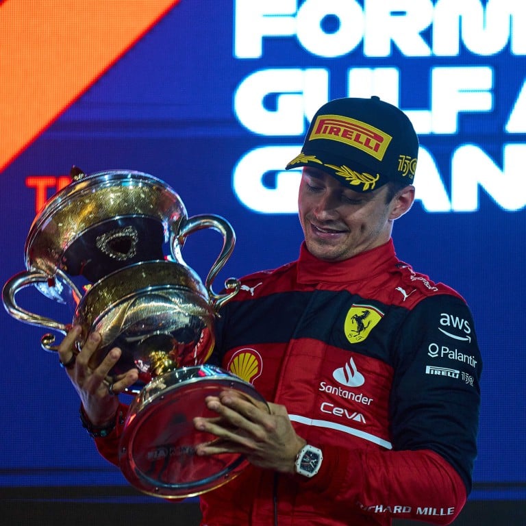 Ferrari’s Formula 1 driver Charles Leclerc atop the podium after the 2022 season-opening Bahrain race, wearing the RM 67-02, a lightweight timepiece developed by luxury watchmaker Richard Mille, a partner with Ferrari in many aspects of motorsport. Photo: Richard Mille