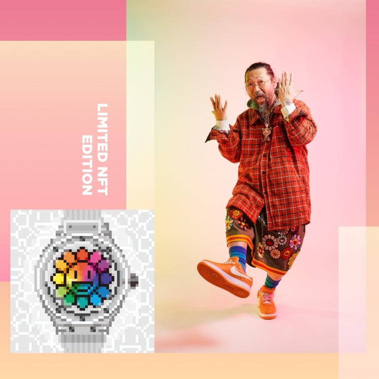 Artist Takashi Murakami and the NFT Hublot Takashi Murakami Sapphire Rainbow. Photo: Hublot