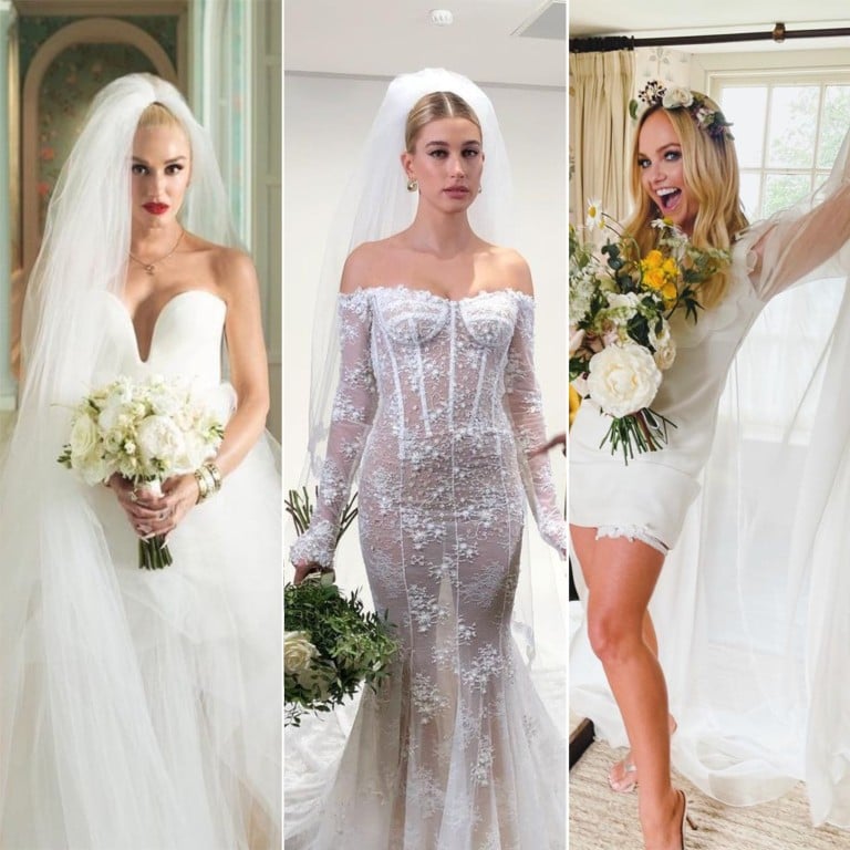 Gwen Stefani, Hailey Bieber and Emma Bunton are just a few celebrities who wore daring looks at their weddings. Photos: @jeremybustos_, @haileybieber, @christianvermaak/Instagram