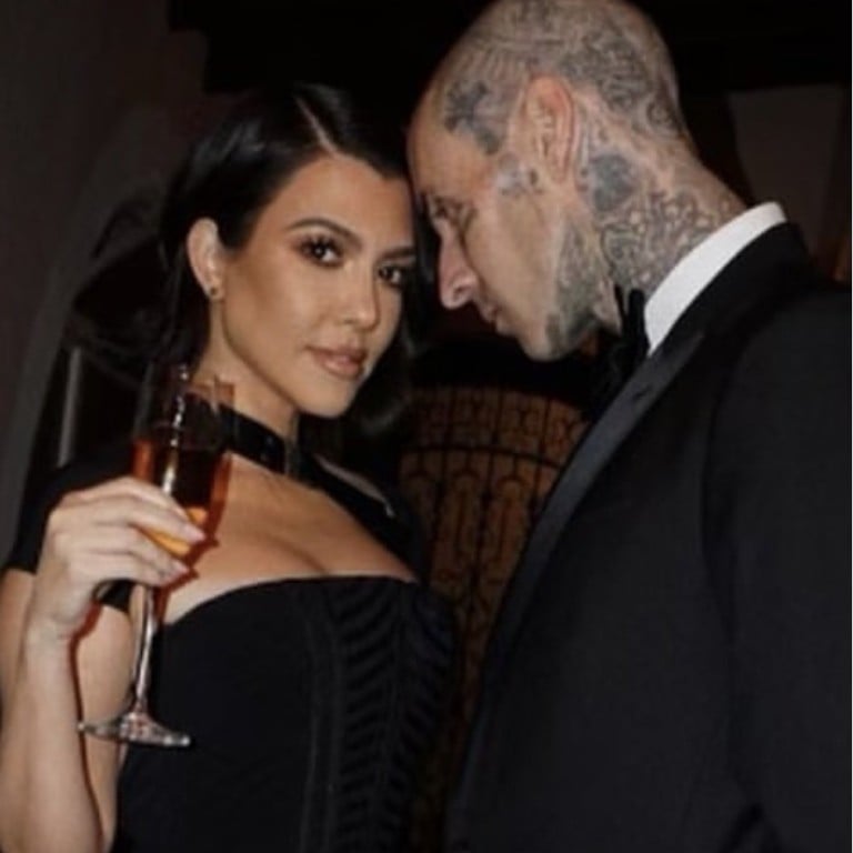 Kourtney Kardashian with Scott Disick, Travis Barker and Younes Bendjima. Photos: AP; @kourtneykardash, @kourtneyounes/Instagram