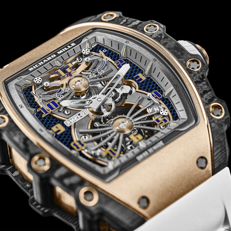 Richard Mille’s RM 21-01 Tourbillon Aerodyne features the watchmaker’s first use of Haynes 214, a highly heat-resistant alloy that’s presented in a honeycomb structure on the baseplate. Photo: Richard Mille