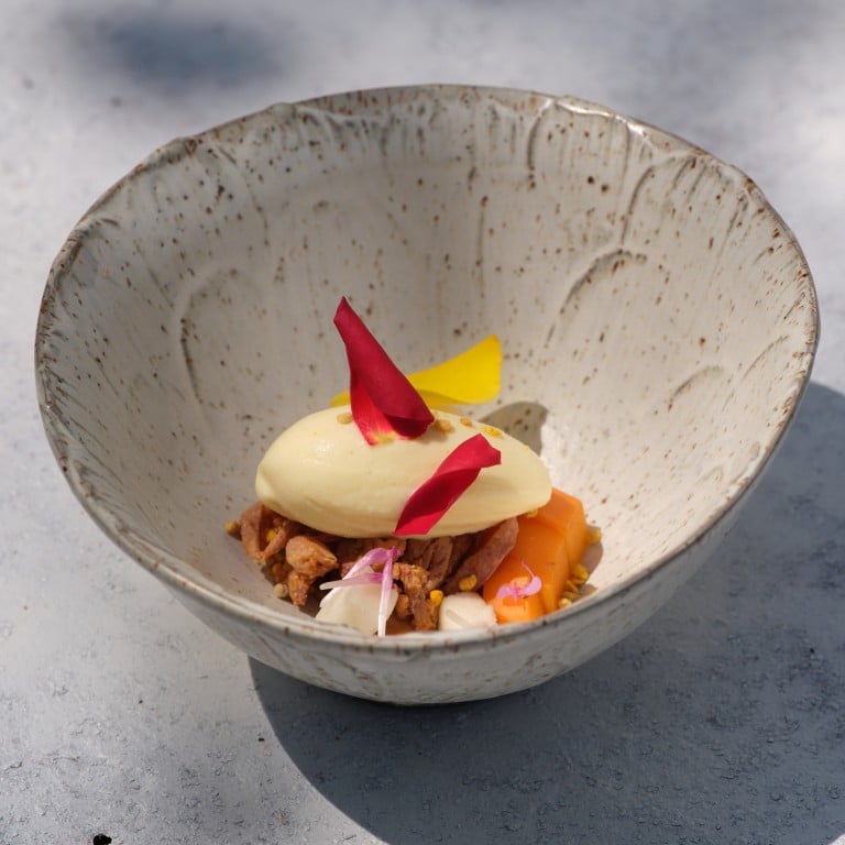 Sweet treats that are really savoury, like this concoction of roasted koji bean and reduced whey dip, bee pollen ice cream, apricots, hydro honey and crispy bean skin. Photo: Hiso Franko