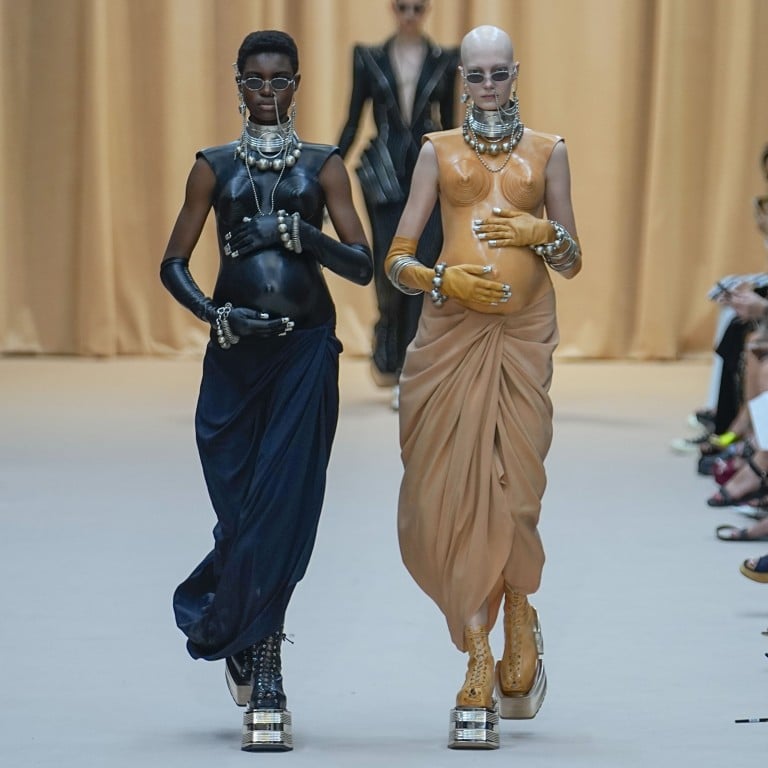 Models walked looks featuring fake pregnancies paired with an homage to classic Gaultier bustiers as part of Oliver Rousteing’s one-off for Jean Paul Gaultier at the Paris Haute Couture Fashion Week, presented on July 6. Photo: AP Photo
