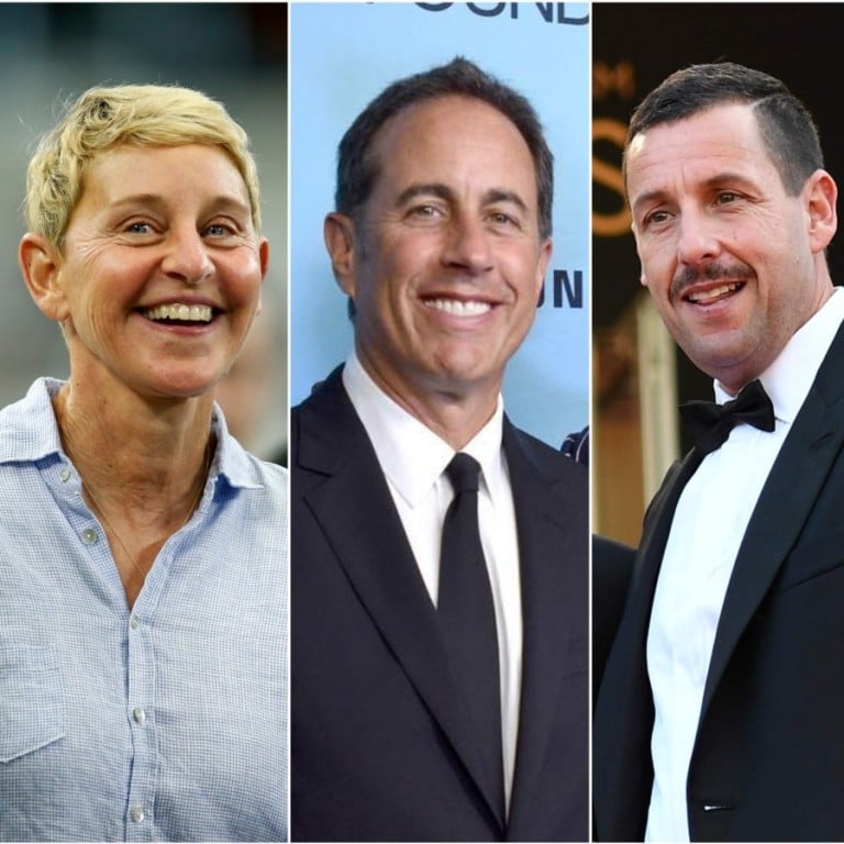 Laughing all the way to the bank: wealthy comedians Kevin Hart, Ellen DeGeneres, Jerry Seinfeld, Adam Sandler and David Letterman. Photos: AP, USA Today Sports, @jerryseinfield/Instagram, AFP