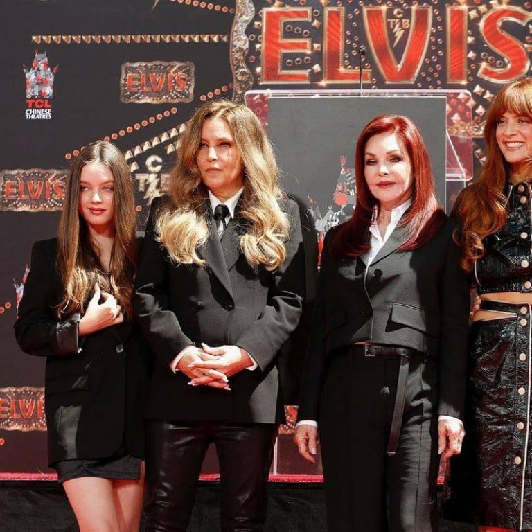 Lisa-Marie and Priscilla Presley (centre left and centre right) with Elvis Presley’s grandchildren: Harper and Finley Lockwood (far left and far right) and Riley Keough (second from the right). Photo: @rileykeough/Instagram