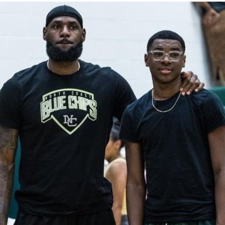 LeBron James with his son Bryce Maximus James, who may be the next basketball star to look out for. Photos: Getty, @@brycejamesz/Instagram