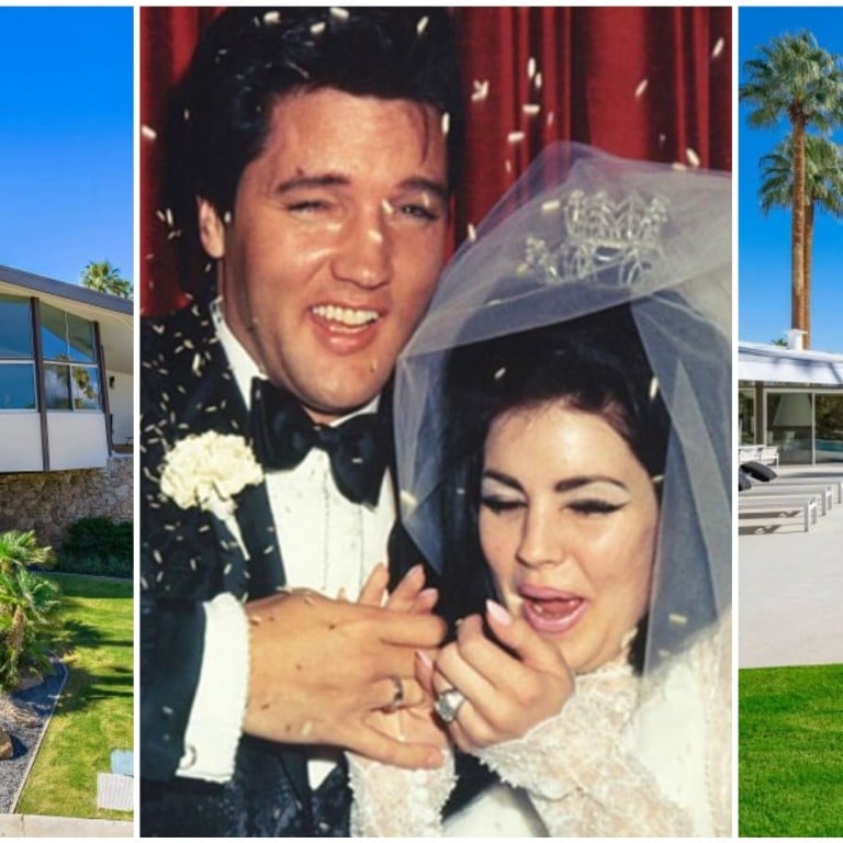 Elvis Presley, Priscilla Wagner and the Palm Springs home that was once featured in Look magazine as the “House of Tomorrow”. Photos: ChrisOne Point Media Group, @priscilla.presley_/Instagram